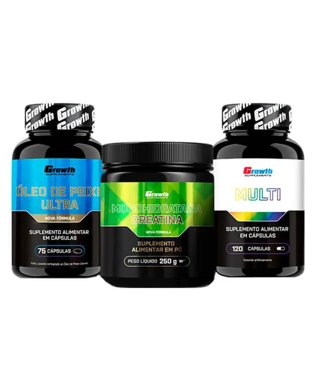Kit Creatina 250g, Multivitamínico 120 caps e Óleo de Peixe Ultra 75 caps - Growth Supplements