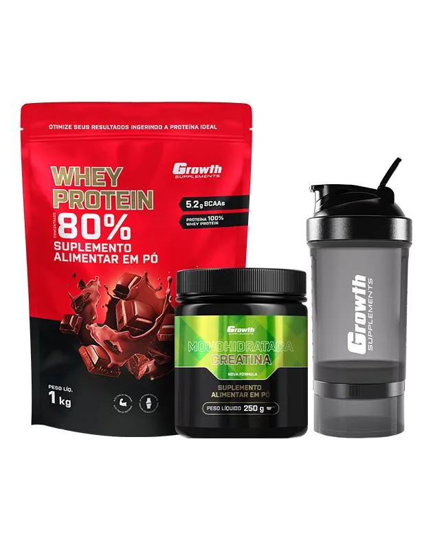 Kit Whey Concentrado 1kg, Creatina 250g e Coqueteleira - Growth Supplements