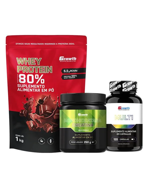 Kit Whey Concentrado 1kg, Creatina 250g e Multivitamínico 120 caps - Growth Supplements