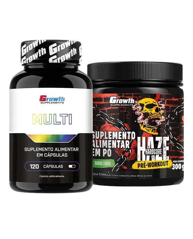 Kit Multivitamínico 120 caps e Pré-Treino Haze 300g - Growth Supplements