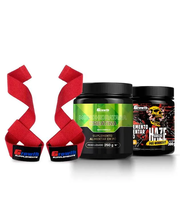 Kit Pré-Treino Haze 300g, Creatina 250g e Fita Strap - Growth Supplements