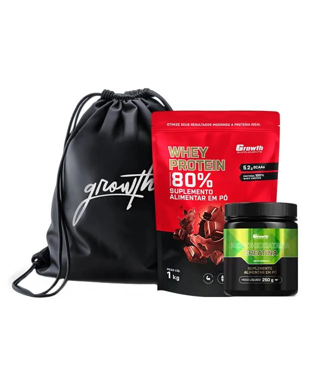 Kit Whey Concentrado 1kg, Creatina 250g e Sacola Mochila - Growth Supplements