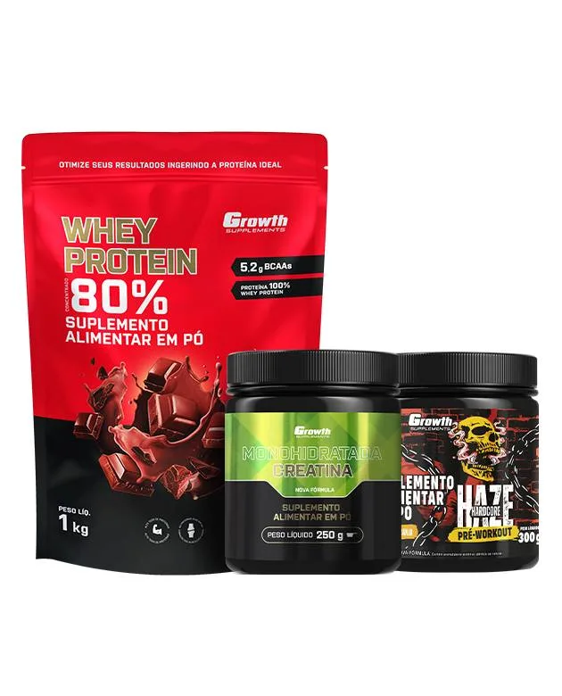 Kit Whey Concentrado 1kg, Creatina 250g e Pré-Treino Haze 300g - Growth Supplements