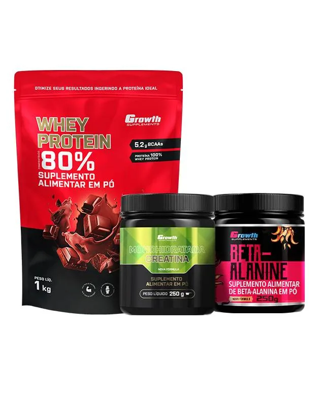 Kit Whey Concentrado 1kg, Creatina 250g e Beta Alanina 250g - Growth Supplements